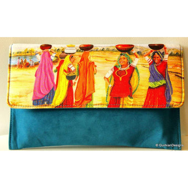 Blue Clutch Purse, Indian Village Girls, Wedding & Party Clutch, Faux Leather and Fabric Purse